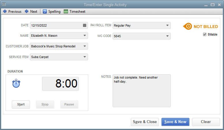 Time/Enter Single Activity Screen Shot