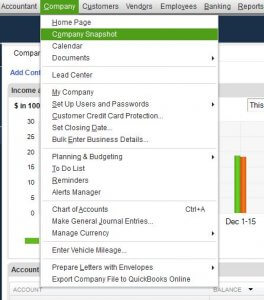 QuickBooks Company Snapshot Menu Drop Down